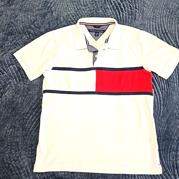 TOMMY HILFIGER Big Boys Color Block White Polo, Size L (16/18) - Picture 1 of 4